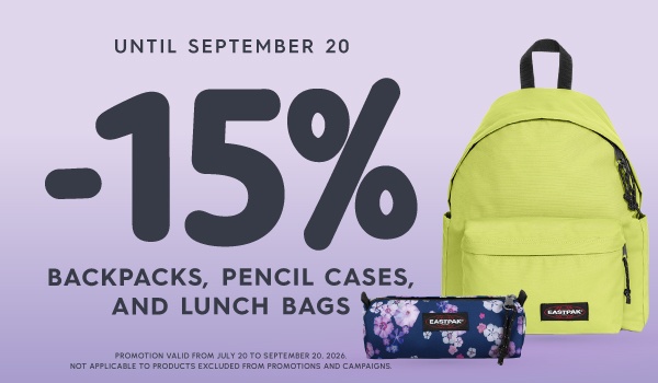 15% off in backpacks, pensil cases  and lunch bags
